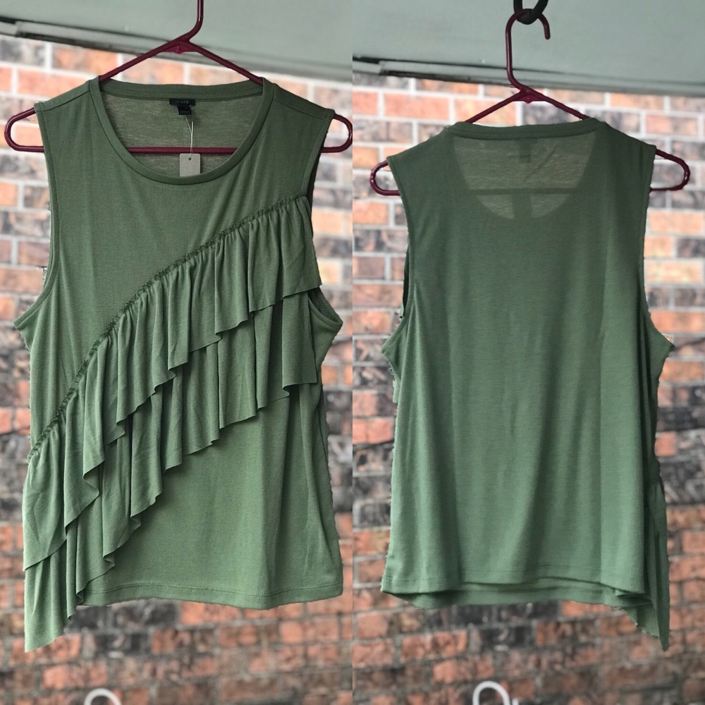 NWT J. Crew Green Drapey Ruffle Tank Top - Picture 2 of 6